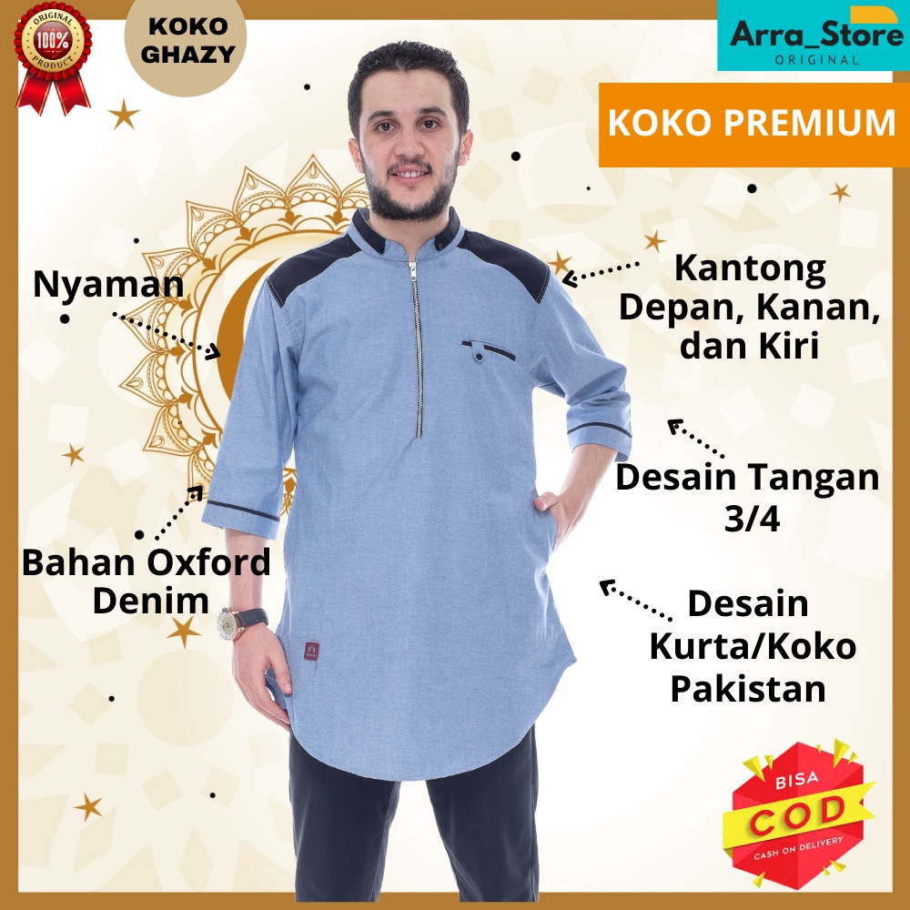 Baju Koko Pria Dewasa Baju Muslim Lengan 3/4 Bahan Oxford Denim Resleting Depan Premium Terbaru Baju Koko Laki-laki  Modern