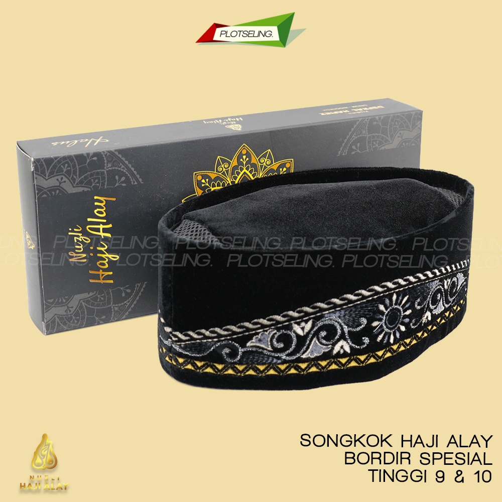 Songkok Premium HAJI ALAY BORDIR SPESIAL AC Tinggi 9 Peci Sholat Pria Dewasa Hitam Full Motif Batik NU Kopiah Shalat Anak Santri Laki Kopyah Solat Pesantren Nasional Beludru Ukuran Jumbo Kopeah Bulat Bludru Putih Pendek Karakter Nama Ori Original