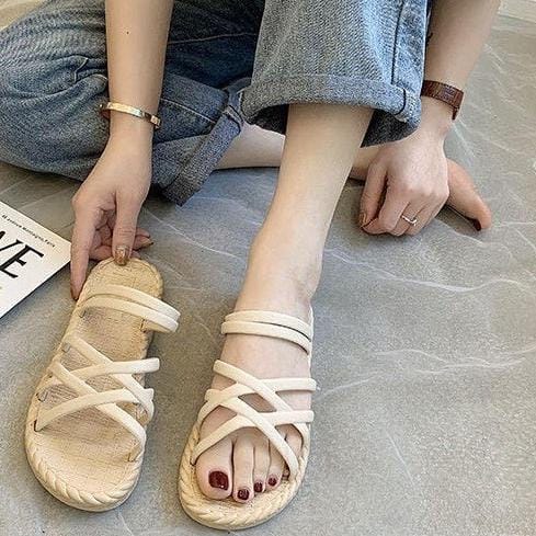 Sendal Wanita Tali Women Sandals Fashion Roman Cross Straps Flat Shoes MALL SHOPPING