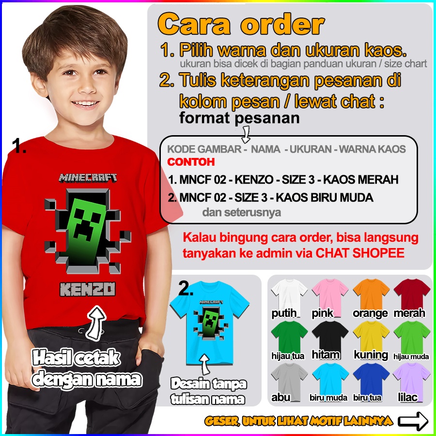 [FREE NAMA!!] Kaos Baju COUPLE  ANAK DAN DEWASA MINECRAFT BANYAK MOTIF