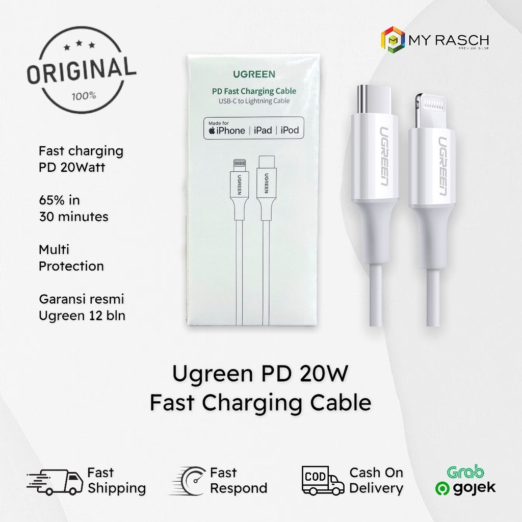 kabel data usb c to iphone lightning mfi ugreen pd fast charging 1m 2m
