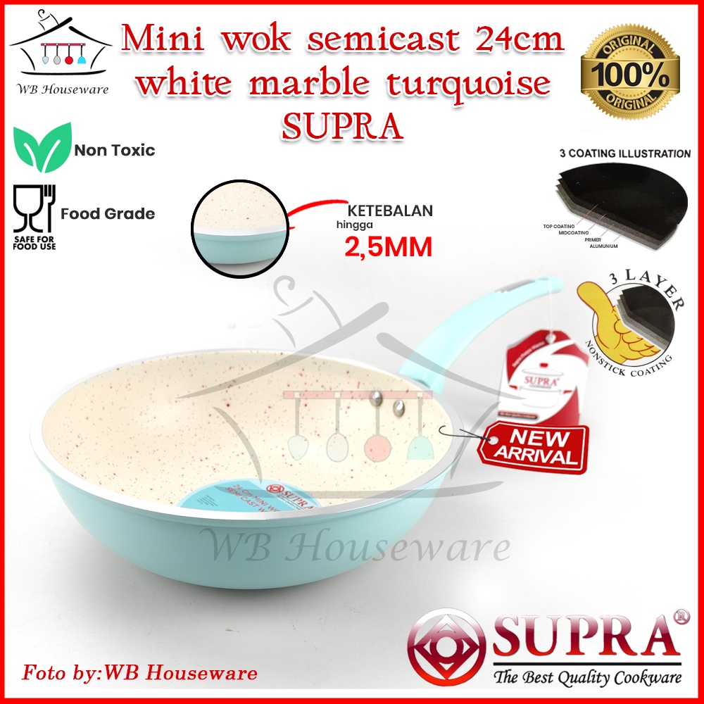 NEW panci supra mini wok 24cm white marble pastel turquoise / panci masak sayur anti lengket