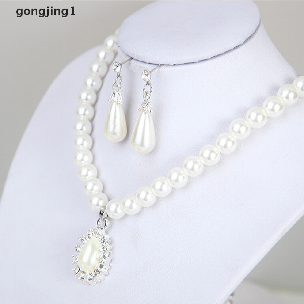 Set Perhiasan Kalung Rantai Anting Mutiara Kristal Drop Elegan Untuk Pesta Pernikahan