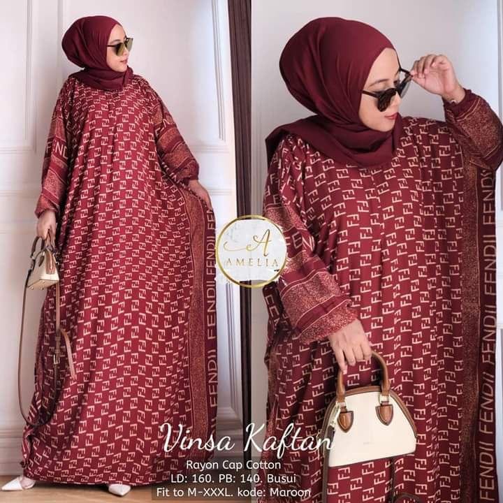 Kaftan Wanita Jumbo XXXXL- Vinsa Kaftan Motif Branded FF Lengan Panjang Busui Resleting Gamis Rayon Jumbo Kaftan Terbaru