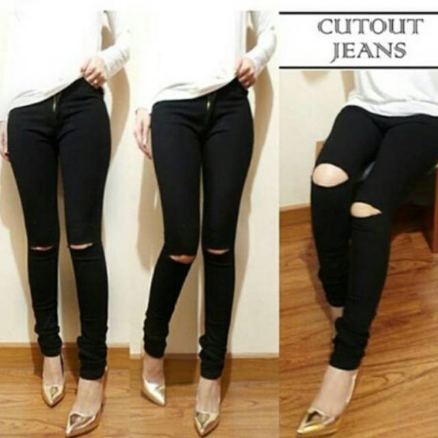 Celana Panjang Sobek Lutut Premium / Ripped Lutut / Ripped Knee / RIPPED CUTER  HITAM MURAH