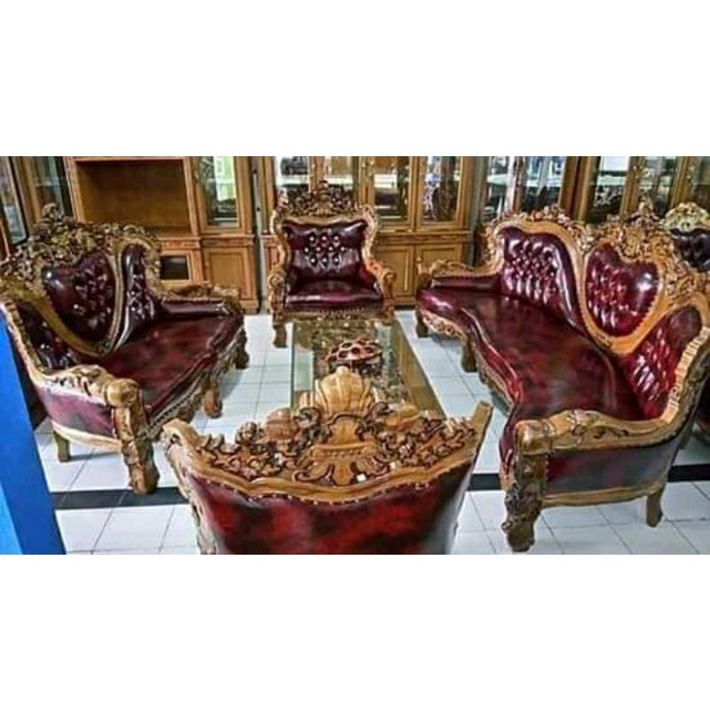 kursi ruang tamu mewah barcelona royal jumbo natural jati jepar