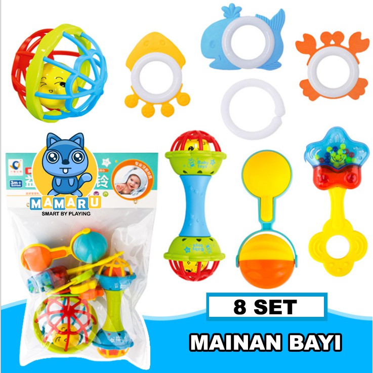 Rattle Teether Toys Box 6in1 | Set Mainan Bayi | Gigitan Bayi | Mainan Bayi 6 bulan BPA Free