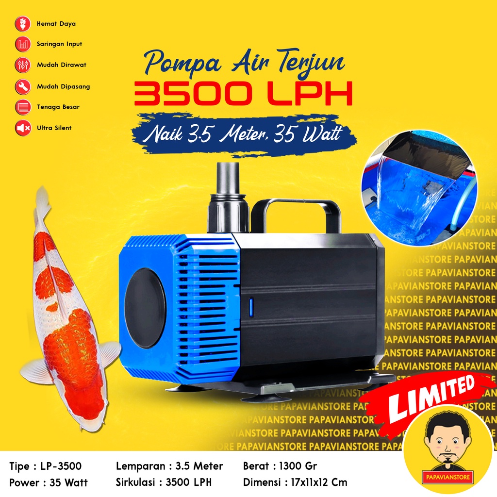 Pompa Mesin Filter Air Celup Kolam Ikan Koi Aquarium Low Watt Submersible Water Pump Waterfall Air Terjun Hias Hidroponik Hydroponic - 1700 2000 3000 LPH Liter Per Jam 3 Meter Rendah Daya Ketinggian 3m P020