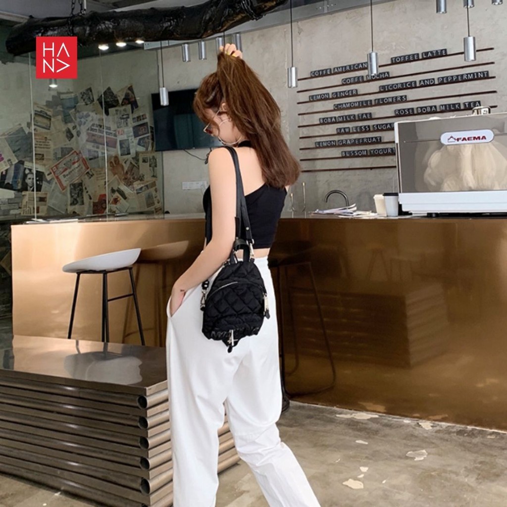 Hana Fashion - V-Rope Casual Crop Tank Top Sablon Wanita Tali V - TT004