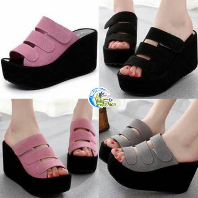 Sepatu Sandal Wedges Wanita Sepatu Heels Casual Wanita Hitam Pink Lucu
