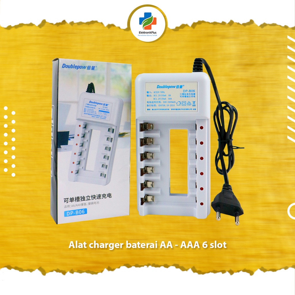 Alat Charger Baterai Doublepow 6 slot Untuk Type AA / AAA Bonus 6 PCS Battery Ori EP08