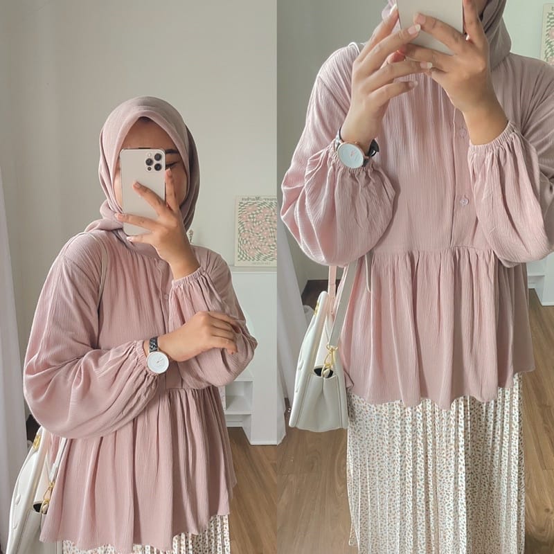 𝐊𝐈𝐑𝐀𝐍𝐈 Kimi Blouse Atasan Wanita Polos Kerah Shanghai Ruffle Lengan Panjang Crinkle Airflow Hits OOTD