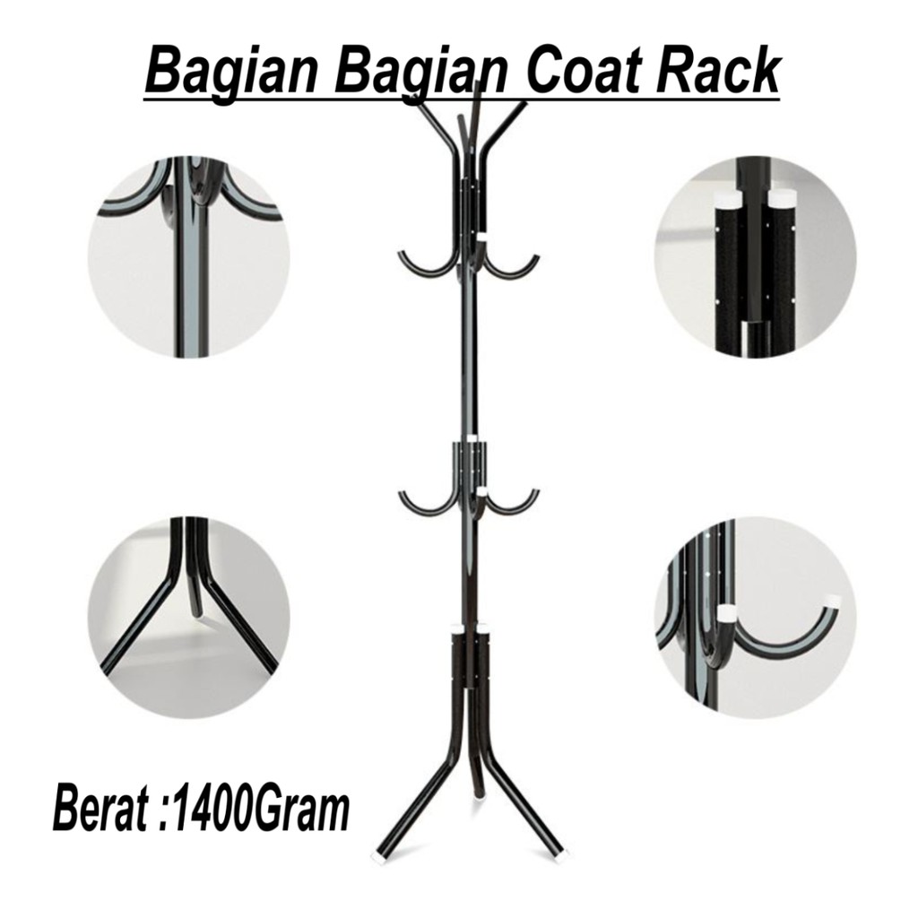 Barnik88 Stand Hanger Gantungan Baju Uk 175cm x 40cm Gantungan Tas dan Topi Coat Rack Bahan Pipa Baja Kuat &amp; Praktis CT-01