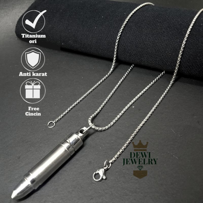 Kalung Titanium Silver Perak Asli Set Liontin Peluru Tabung