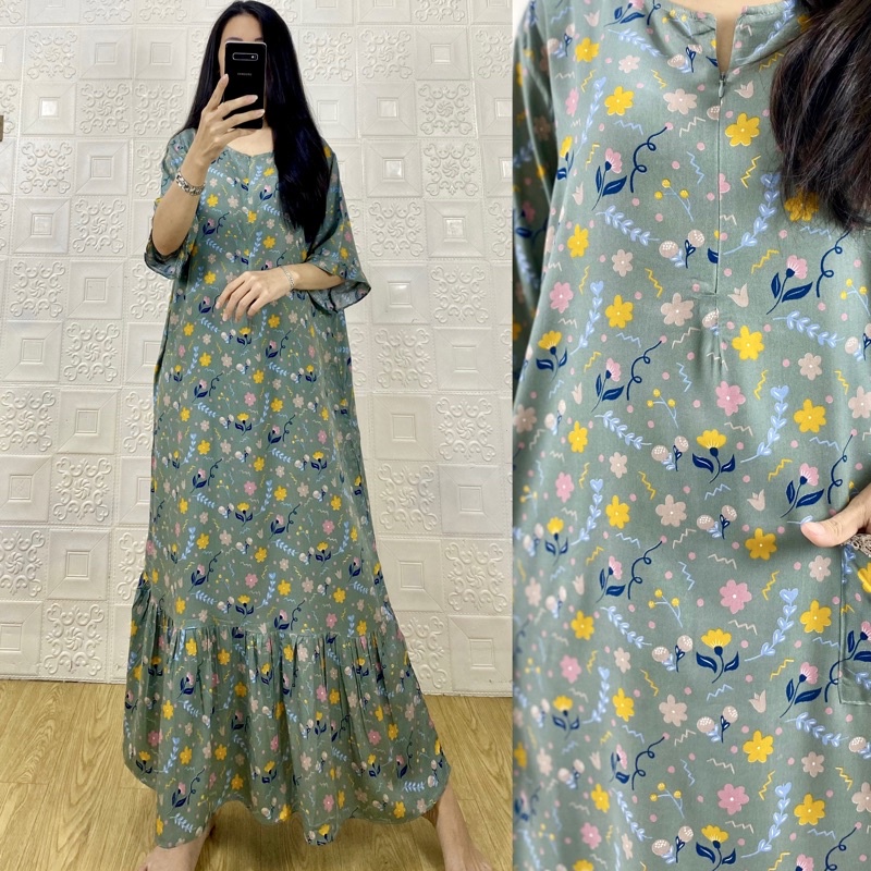 daster MONA tangan 3/4 PB 130cm /daster panjang rempel tangan 3/4  JUMBO premium sleting /busui/rempel tangan 3/4/ tangan pendek/ tali grosir ecer SEMATA KAKI RAYON-Mona Semi wardah