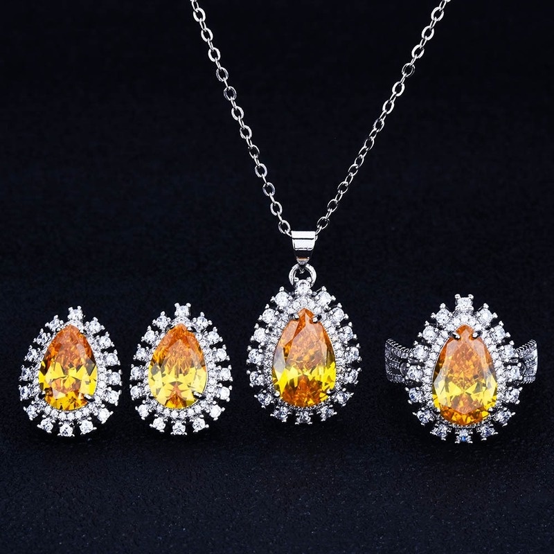 New Luxury European And American Colored Gems Pear-Shaped Diamond Ring Jewelry Set