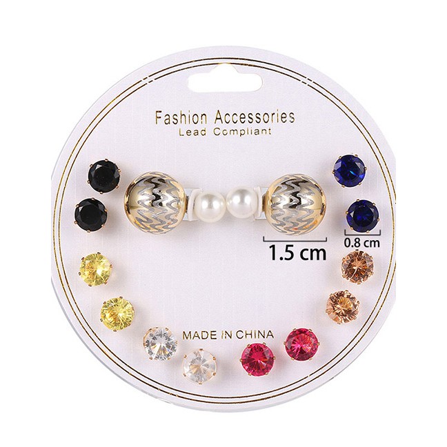 LRC Anting Set Fashion Multi-color Diamond&amp;pearls Decorated Earrings(14pcs)