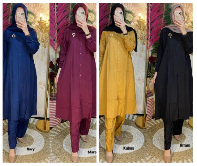 One Set Long Tunik Rayon Premium Import Setelan Tunik Panjang Fashion Muslim Kekinian