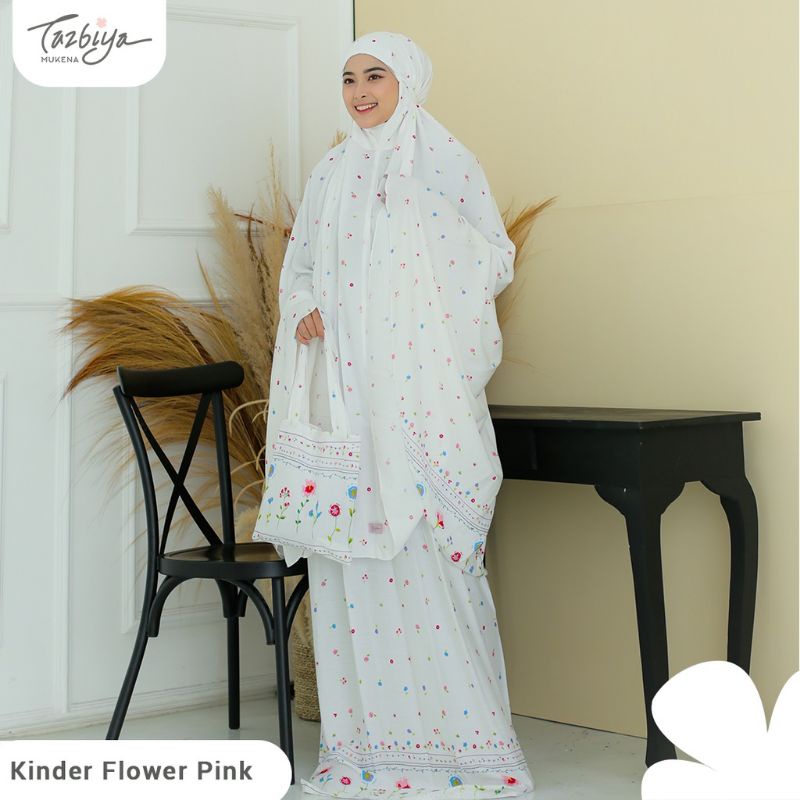 Mukena Tazbiya Kinder Flower Pink/Yellow Jumbo Dewasa Katun Rayon Adem Motif Cantik Treveling