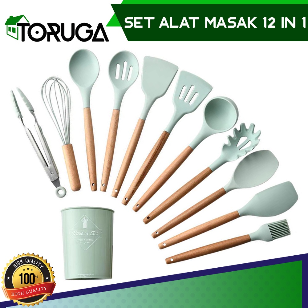 Peralatan Memasak Utensil Set 12Pcs Masak Silikon Sutil Spatula Anti Lengket Tahan Panas