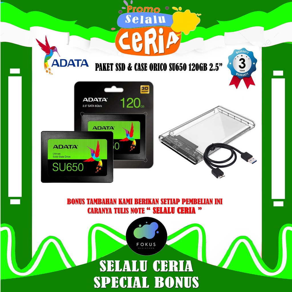 PAKET SSD DAN Case Orico 2139U3 ADATA SU650 120GB Ultimate 2.5 Sata III