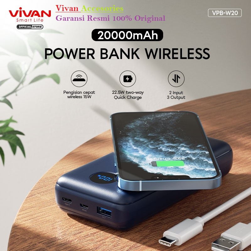 VIVAN Powerbank VPB-W20 20000 mAh Wireless 3 Output Fast Charging 15w