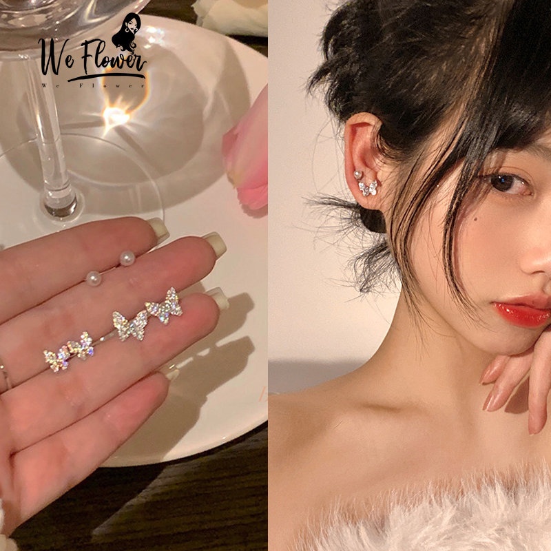 We Flower 6PCs / Set Anting Tusuk Silver Wanita Desain Kupu-Kupu Hias Kristal Mutiara Glitter Gaya Korea