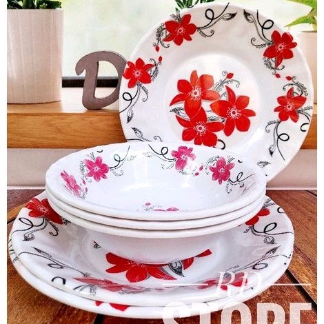 PROMO 6.PCS ISI NYA 3.PIRING &amp; 3.MANGKOK ULIR ROSE MELAMINE