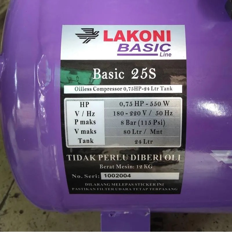 Mesin Kompresor Compressor Oilless Lakoni Basic 25S 0.75HP 24L