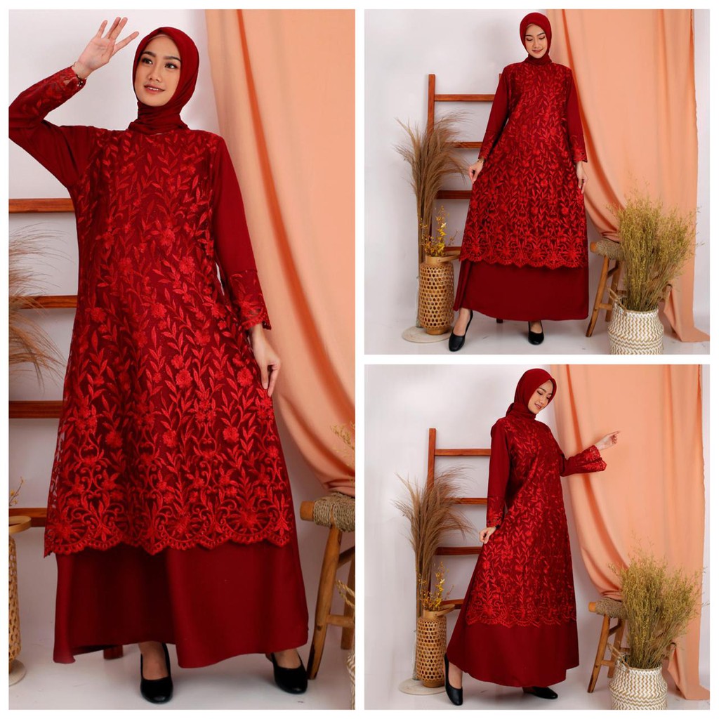 Gamis Brukat Selma Tille Bordir Mix Moscrepe Premium Gamis Pesta Tulle Maxi Dress Fashion Muslim