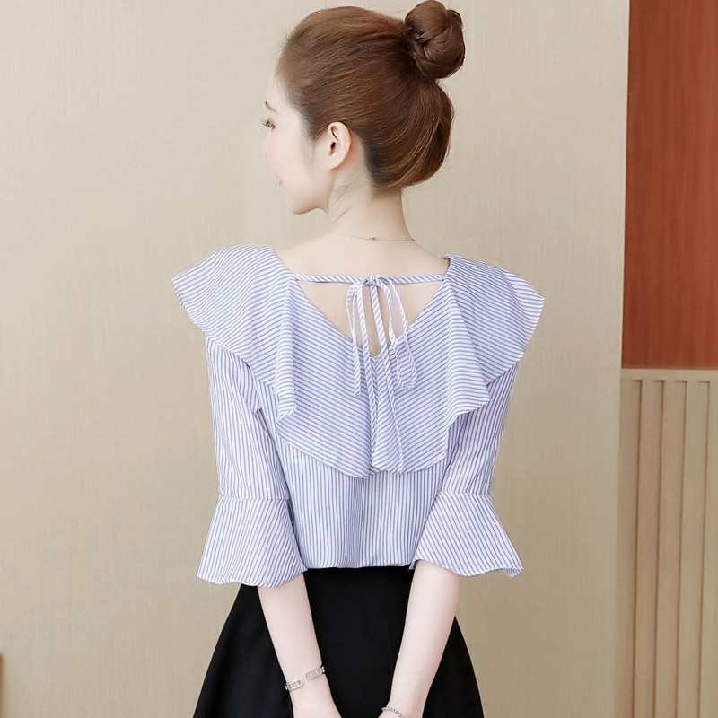 model terbaru blouse V-Neck Lengan Flare Motif Garis Bahan Sifon  Wanita