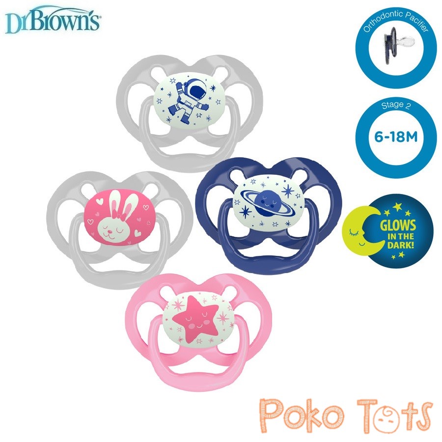 Dr. Brown's Advantage Glow In The Dark 6-18m Silicone Pacifier Stage 2 Isi 2 pcs Soother Pacifier Empeng Dr Browns WHS