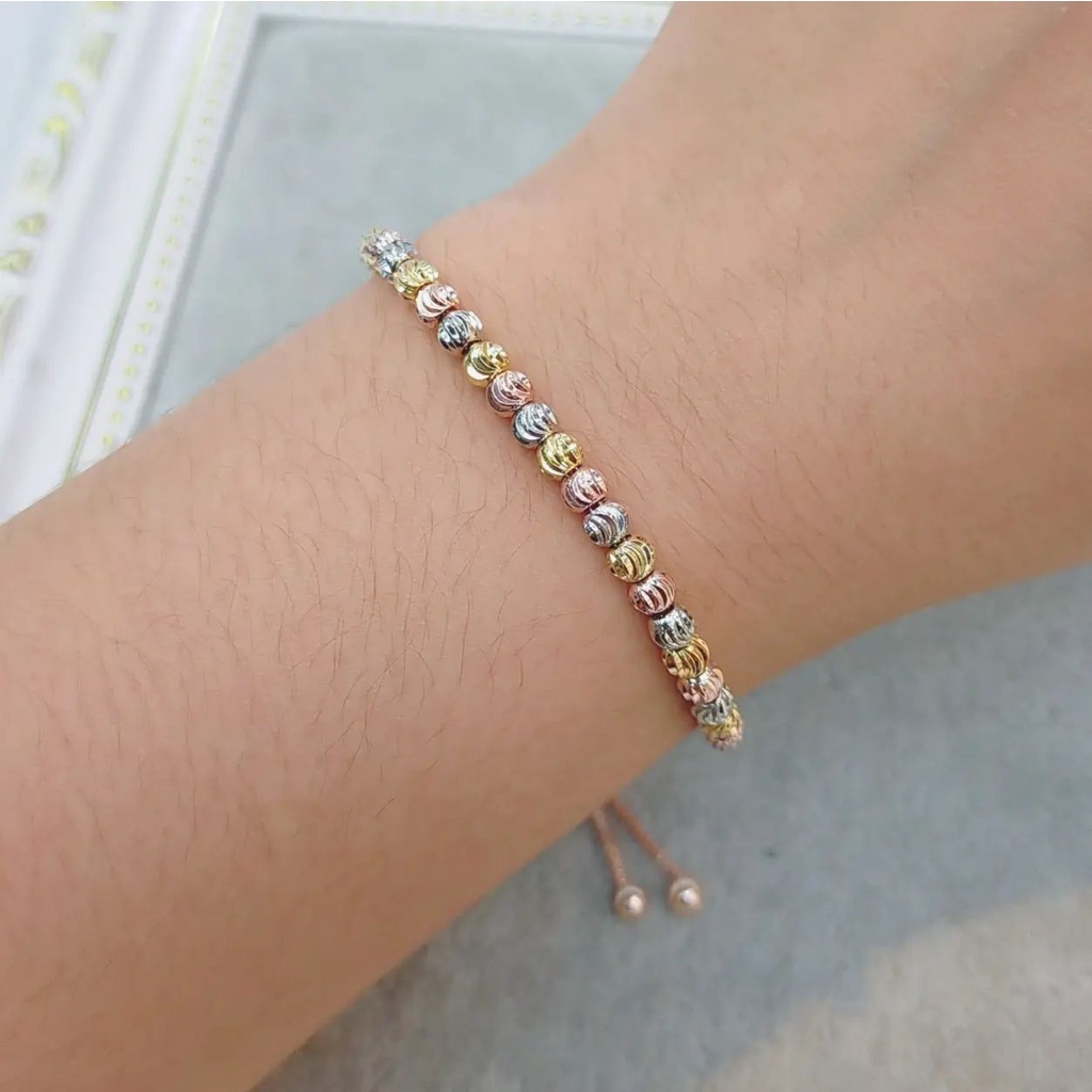 BISA COD Aksesoris Gelang Serut Tangan Wanita Titanium Asli Anti Karat Aksen Bola Rainbow Rosegold M