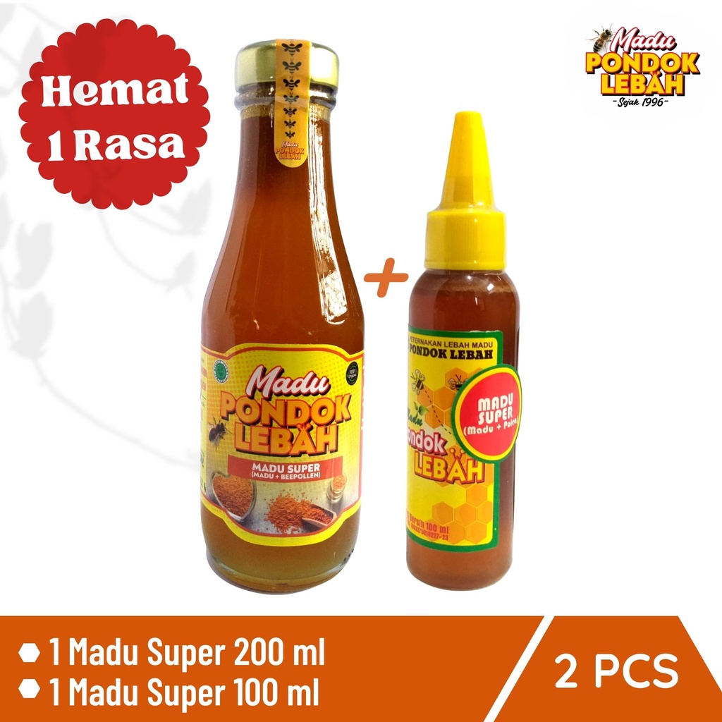 

Promo Paket Hemat Madu Super Pollen 200ml + 100ml Produksi Pondok Lebah