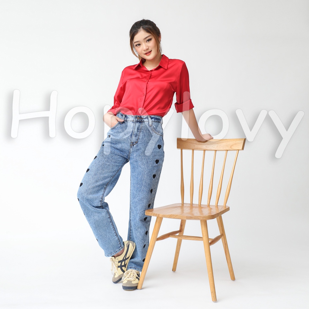 HOPYLOVY Celana Boyfriend Jeans Wanita Loose Jeans Bordir Love Avanti