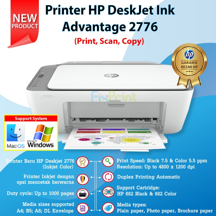 Printer HP Deskjet 2776 Ink Advantage HP2776 Print Scan Copy WiFi with Cartridge 682 Black Color