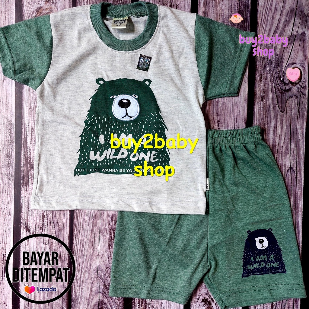 Baju bayi Tom Pege setelan kaos celana pendek bahan katun premium Bear series usia 1-2 Tahun 1 setelan