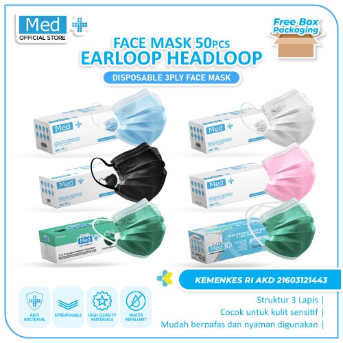 Med+ Masker 3Ply Hijau/Biru/Putih/Hitam/Pink 50 Pcs / Masker 3Ply Kemenkes Disposable Face Mask