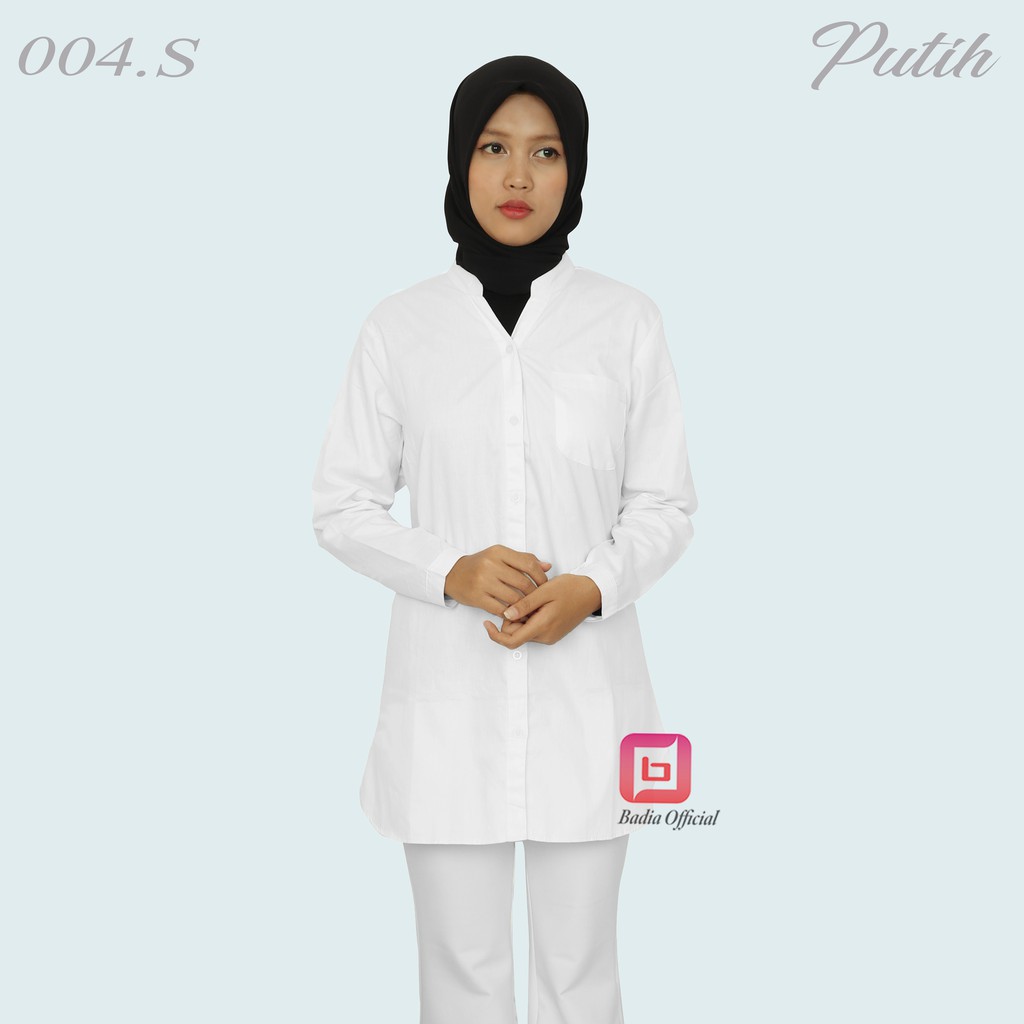 kemeja tunik putih polos tanpa kerah v neck sanghai kantong panjang nututupi pantat sampai jumbo wanita permium