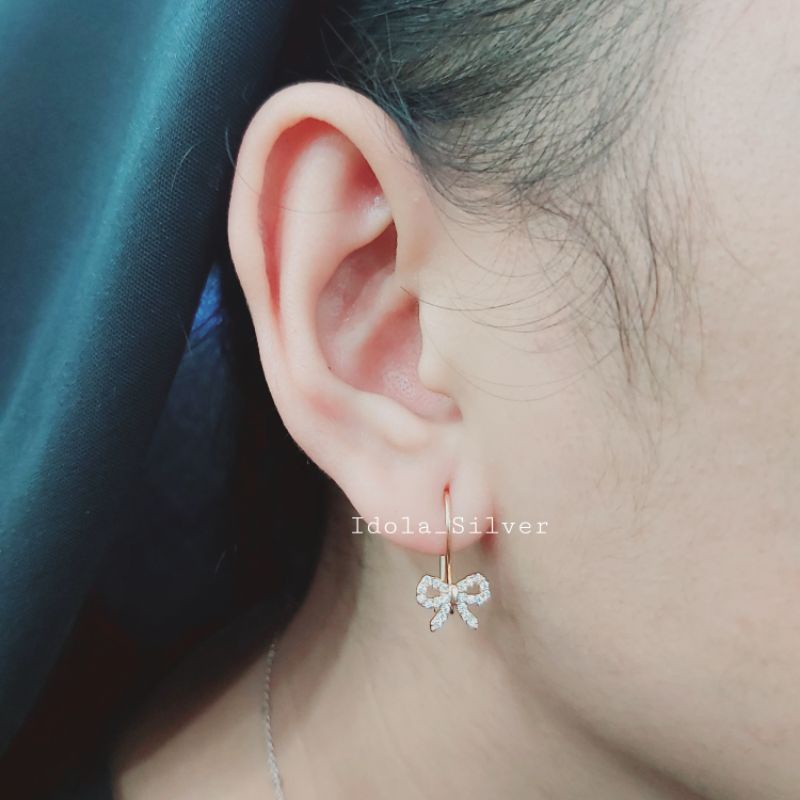 ANTING PERAK ASLI SILVER WANITA 925 LAPIS EMAS MODEL KAIT VARIASI PITA PERMATA KELILING - PERHIASAN PERAK WANITA ASLI