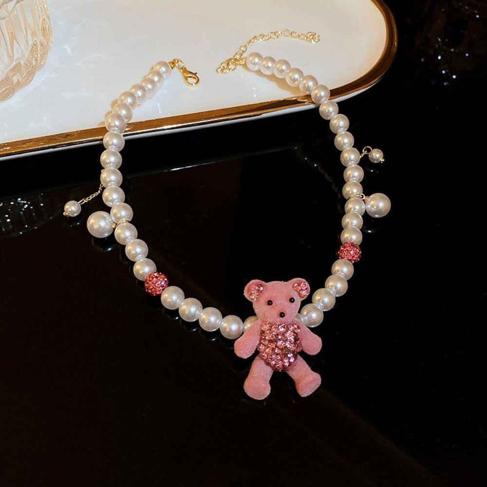 Mxbeauty Flocking Bear Earrings Kalung Niche Desain Berlian Imitasi Rasa Hadiah Anniversary Rantai Klavikula Mutiara Imitasi Anting Hati Merah Muda