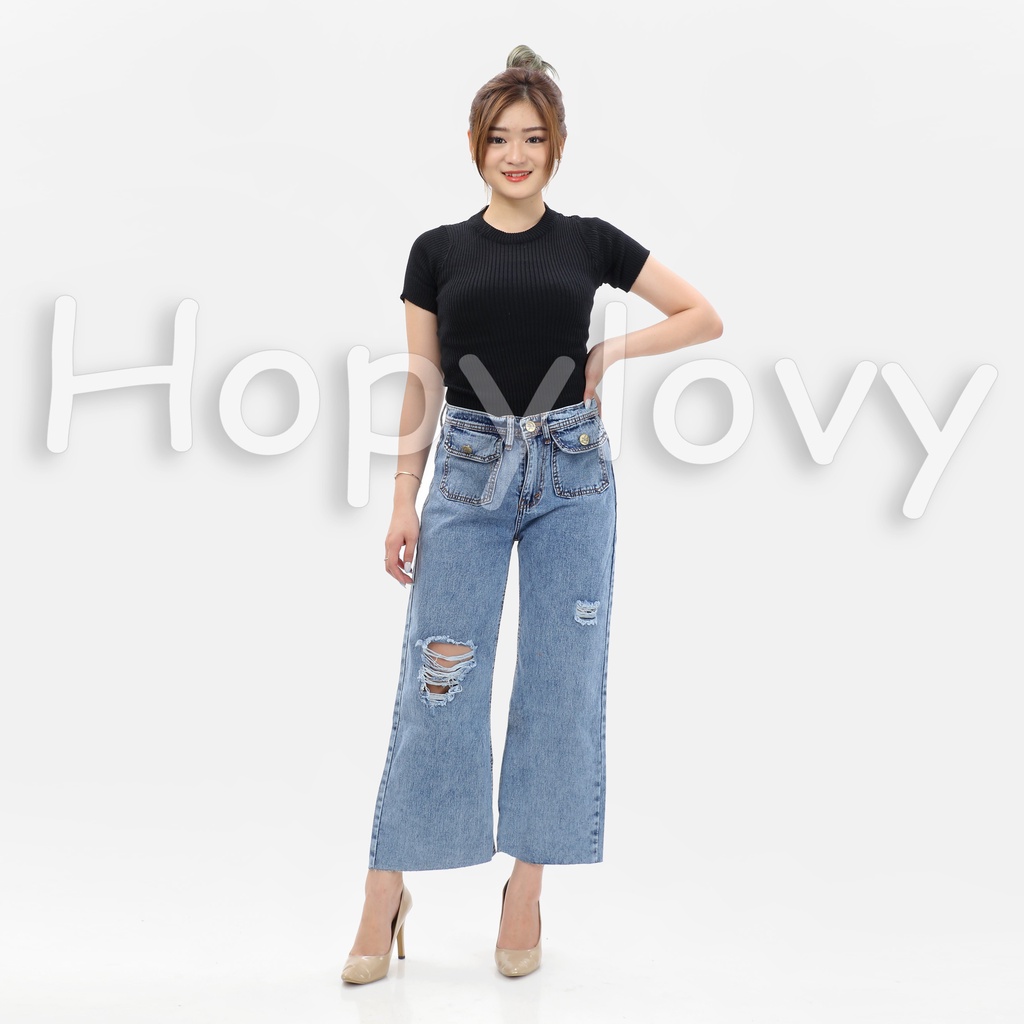 HOPYLOVY Celana Kulot Highwaist Jeans Wanita BF Ripped Unfinished Jehana
