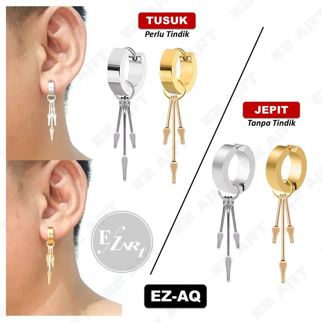 1Pc EZ-AQ ANTING PRIA / WANITA JEPIT / TUSUK MODEL 3 RUMBAI TOMBAK STAINLESS STEEL BTS TANPA TINDIK