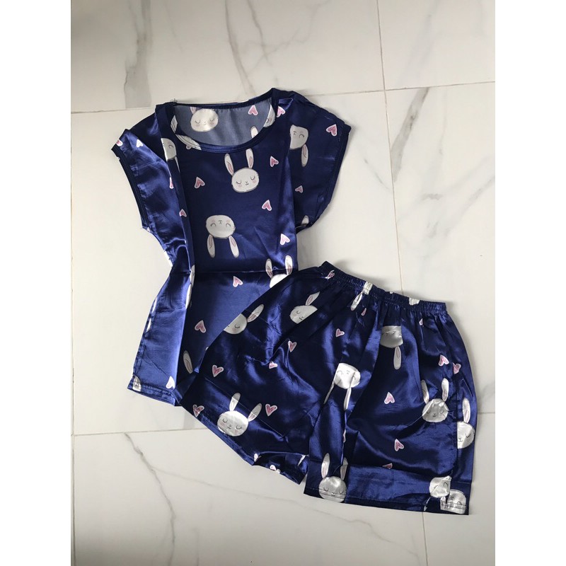 piyama/pajamas satin rabbit navy.homewear/sleepwear/bajutidur cwe satin rabbit biru kekinianmurah