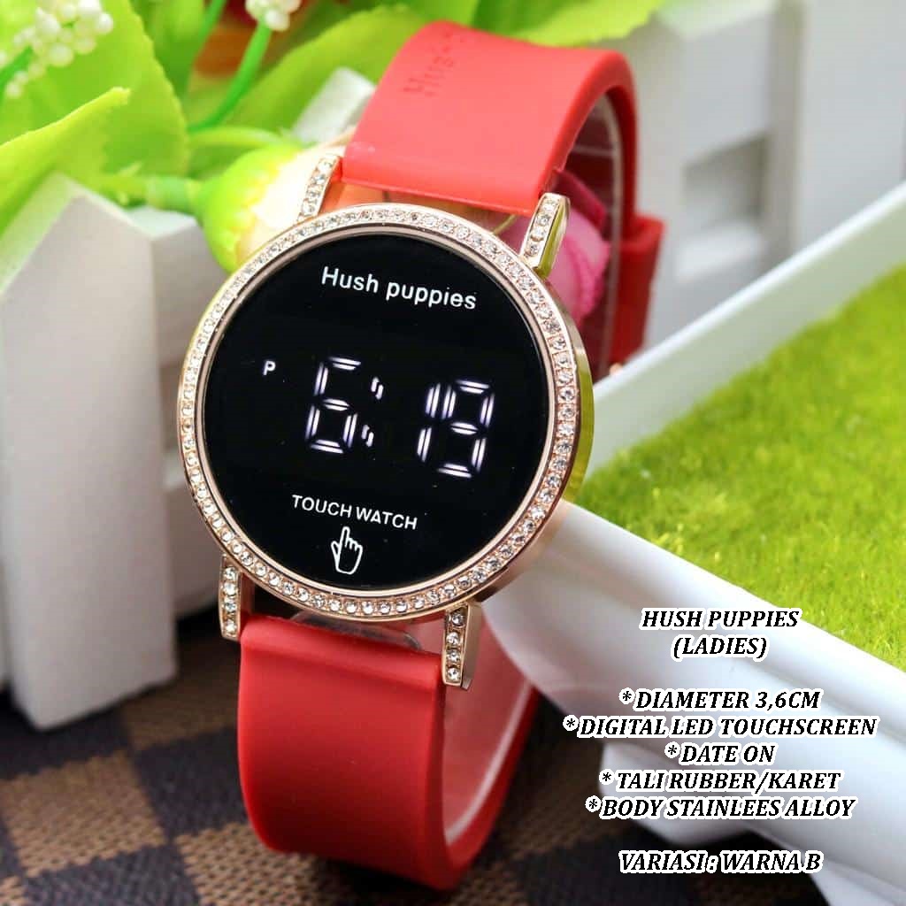 (BISA COD) JAM TANGAN WANITA HUSH PUPPIES TALI RUBBER BODY BULAT LED TANGGAL AKTIF