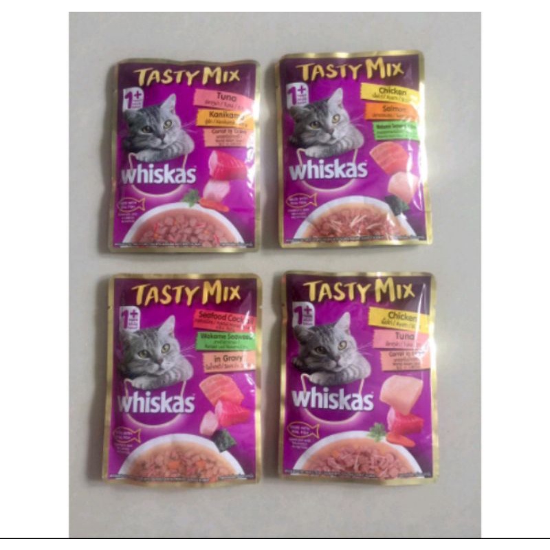 Whiskas Tasty Mix Tuna Salmon Seafood Kanimaka Chicken Carrot 70GR