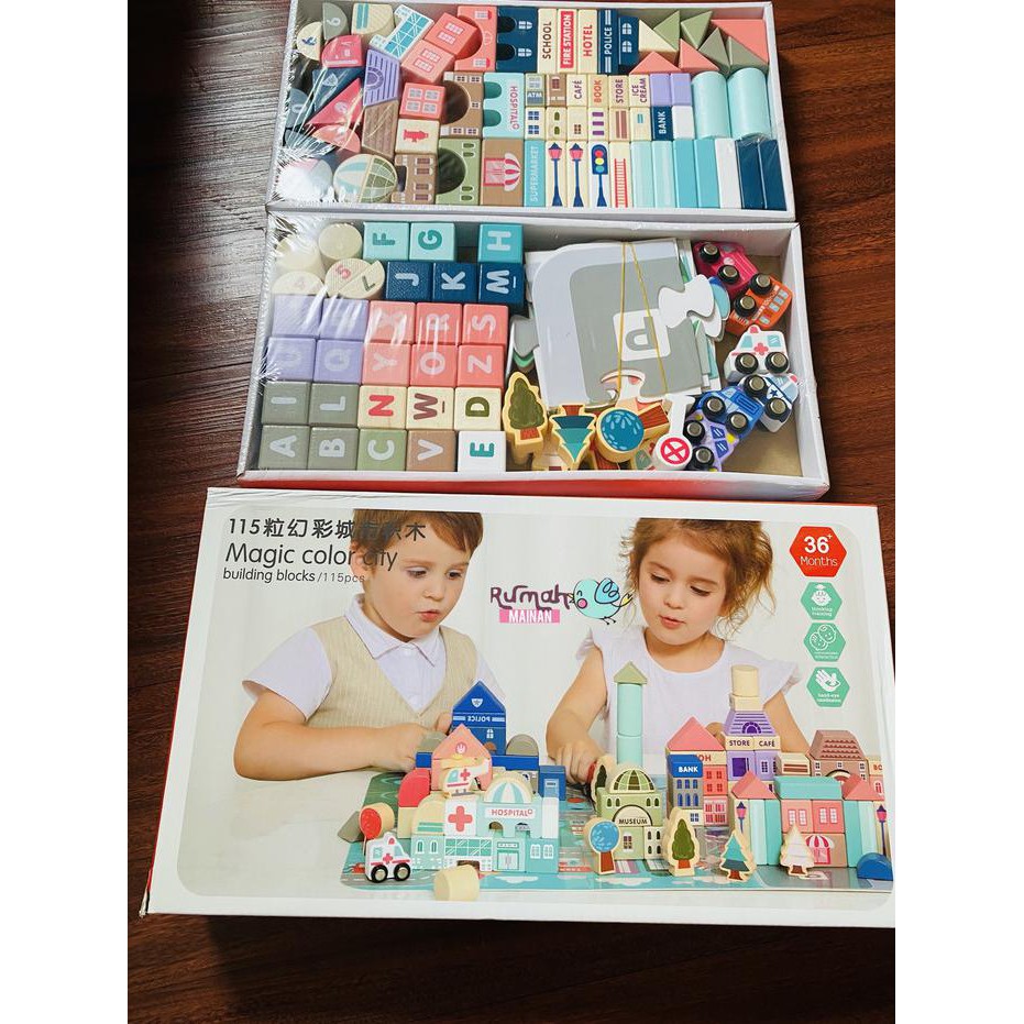 Mainan Kayu Balok Bangunan Kota 115 Pcs City Building Blocks Kado Anak