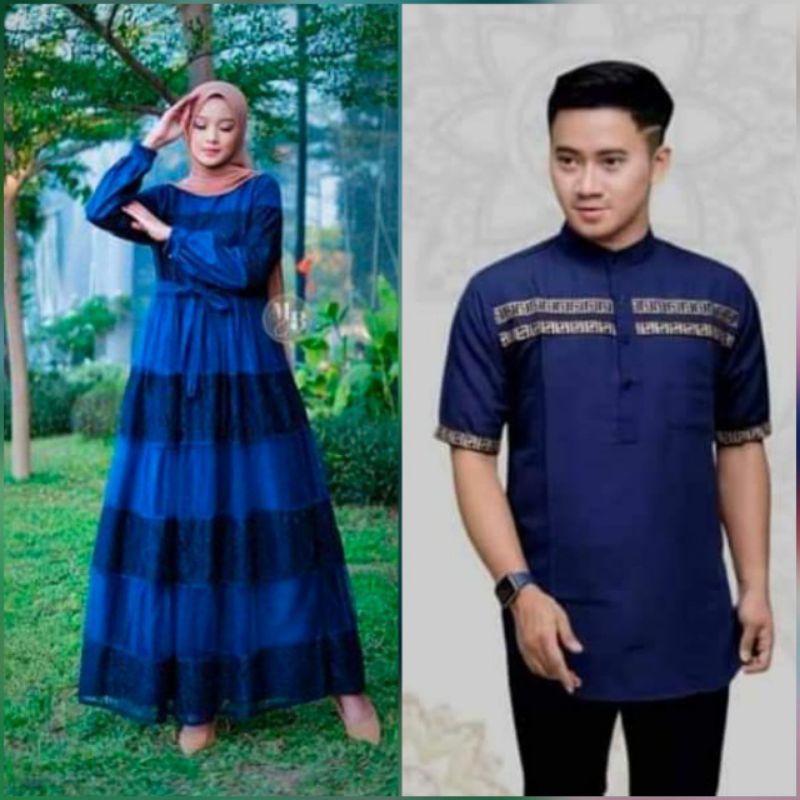 BUSANA MUSLIM COUPLE LEBARAN RAMADHAN DRESS BROKAT NADHIRA BAJU KOKO KURTA POLOS BIRU DONGKER NAVY N