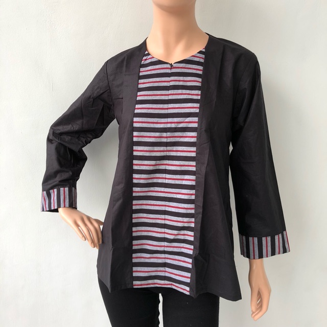 Baju blouse atasan lengan panjang batik cap lurik katun primis wanita murah
