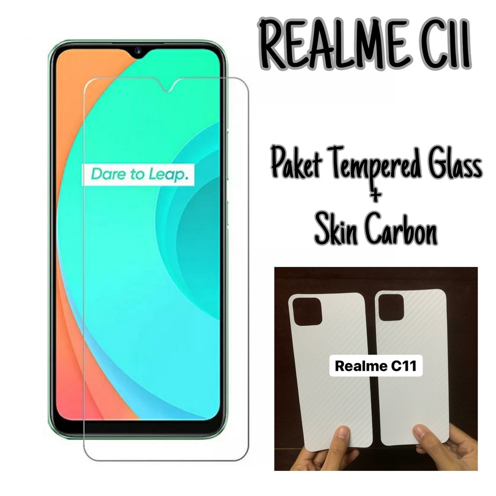 Tempered Glass Clear Realme c11 Paket Back Skin Carbon Transparant